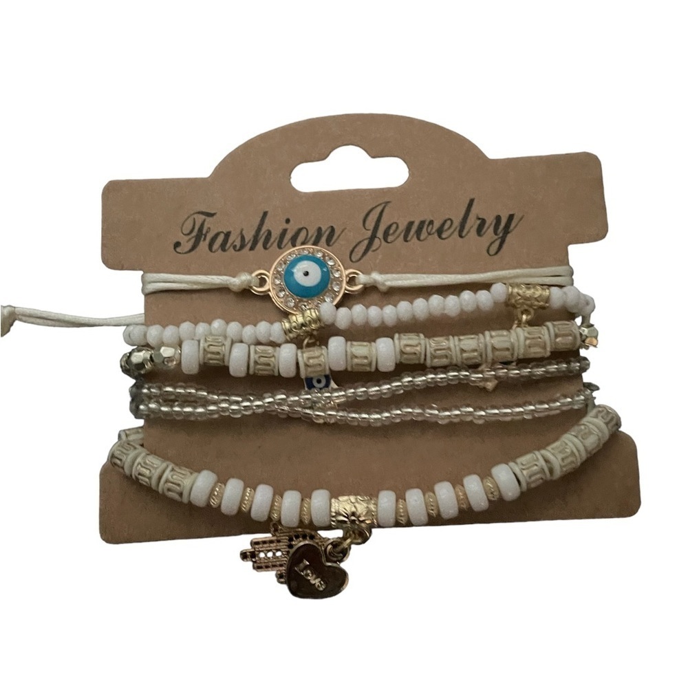 White WOMEN'S Beaded Multilayer Bracelet Set Boho Hamsa  Evil Eye Pendant